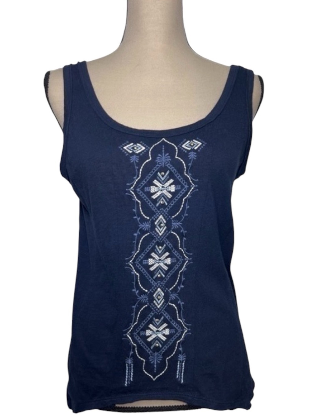 Cato Blue and White Cotton Embroidered Sleeveless Tank Top Womens size L